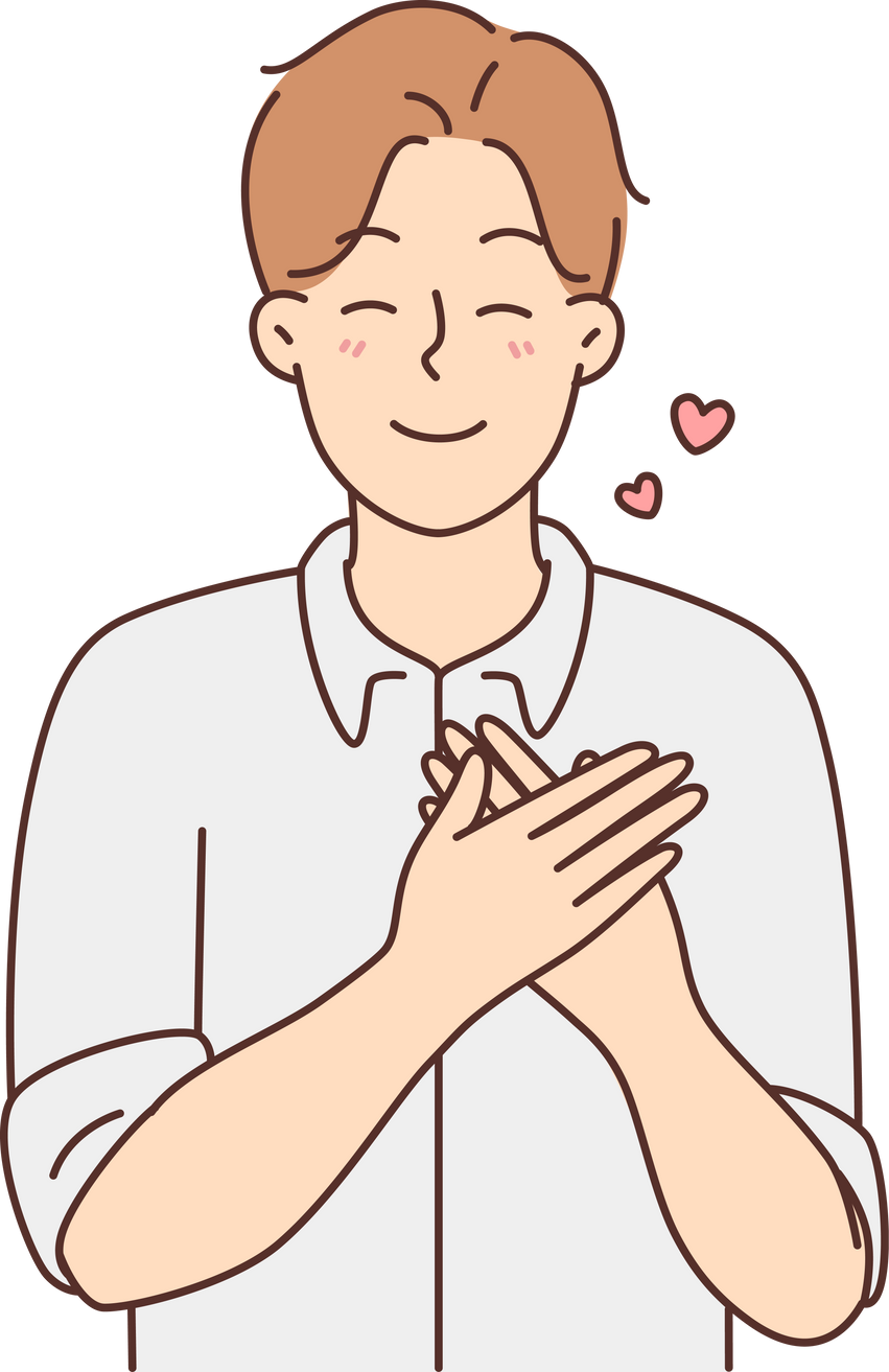 Happy man with hold at chest feel grateful